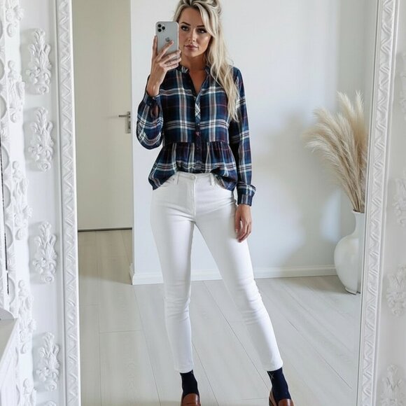 Ricki’s Navy Plaid Peplum Blouse - Picture 1 of 9